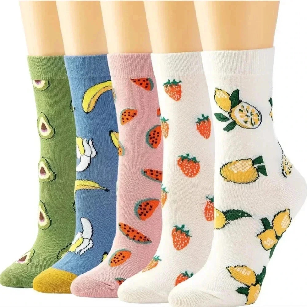 5 Pairs Cute Patterned Socks Warm Crew Socks women's watermelon banana green blu